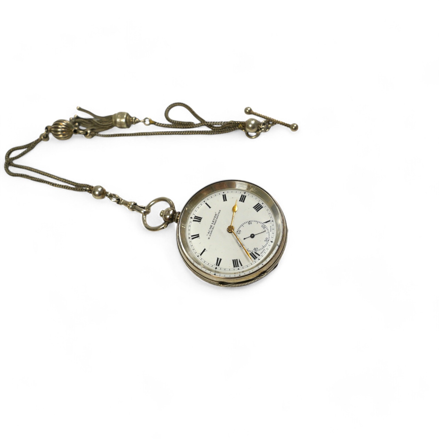 An early 20th century silver 'Acme Lever' open faced keywind pocket watch, retailed by Samuel, Manchester, with Roman dial and subsidiary seconds, case diameter 50mm, together with a white metal albertina. Condition - po